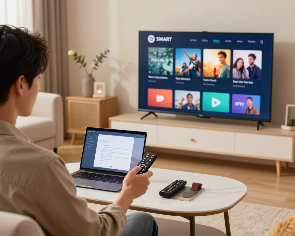 A modern living room setting featuring a professional-looking SMART TV displaying the home screen of an IPTV app ready for installation. In the foreground, a focused individual in smart casual attire is using a remote control, with an expression of concentration. The middle ground includes a sleek coffee table with a laptop open, showing installation instructions alongside the remote. The background showcases a cozy sofa and stylish decor, with warm lighting creating an inviting atmosphere. Use soft focus on the background to keep attention on the installation process. The overall mood should be optimistic and tech-savvy, emphasizing a seamless setup experience. A modern living room setting featuring a professional-looking SMART TV displaying the home screen of an IPTV app ready for installation. In the foreground, a focused individual in smart casual attire is using a remote control, with an expression of concentration. The middle ground includes a sleek coffee table with a laptop open, showing installation instructions alongside the remote. The background showcases a cozy sofa and stylish decor, with warm lighting creating an inviting atmosphere. Use soft focus on the background to keep attention on the installation process. The overall mood should be optimistic and tech-savvy, emphasizing a seamless setup experience.