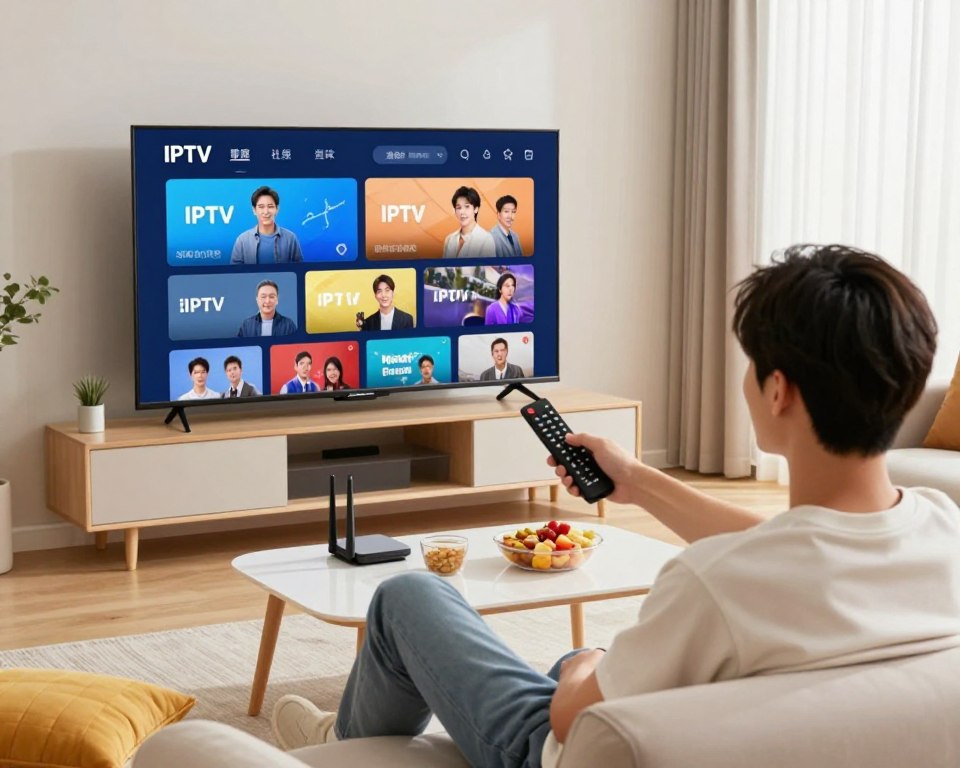 A modern living room setting featuring a sleek, flat-screen television displaying a vibrant IPTV interface, showcasing various channels. In the foreground, a young adult in smart casual attire sits comfortably on a stylish sofa, holding a remote control, looking engaged and entertained. The middle ground features contemporary décor, including a coffee table with snacks, Wi-Fi router, and colorful cushions, enhancing the cozy atmosphere. In the background, soft natural light filters through sheer curtains, creating a warm, inviting ambiance. Use a low-angle perspective to emphasize the TV while maintaining focus on the person’s expressions of enjoyment, capturing the essence of modern entertainment. Aim for a bright, cheerful mood that reflects the convenience and accessibility of IPTV. A modern living room setting featuring a sleek, flat-screen television displaying a vibrant IPTV interface, showcasing various channels. In the foreground, a young adult in smart casual attire sits comfortably on a stylish sofa, holding a remote control, looking engaged and entertained. The middle ground features contemporary décor, including a coffee table with snacks, Wi-Fi router, and colorful cushions, enhancing the cozy atmosphere. In the background, soft natural light filters through sheer curtains, creating a warm, inviting ambiance. Use a low-angle perspective to emphasize the TV while maintaining focus on the person’s expressions of enjoyment, capturing the essence of modern entertainment. Aim for a bright, cheerful mood that reflects the convenience and accessibility of IPTV.