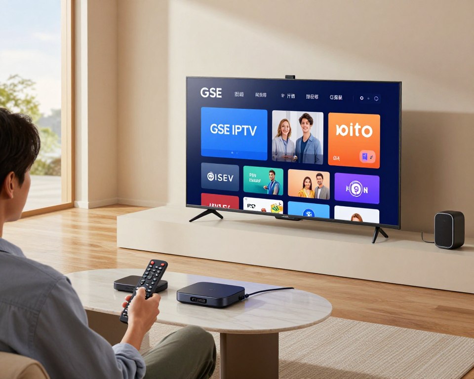 A modern living room setting showcasing a sleek, high-definition Smart TV with a vibrant interface displaying GSE IPTV's logo and streaming options. In the foreground, a user is engaging with the Smart TV, depicted in professional casual attire, holding a remote control. The middle ground features a stylish coffee table with Smart TV accessories like streaming devices and cables. In the background, soft ambient lighting illuminates the room, enhancing a cozy atmosphere. Large windows reveal a sunny day outside, adding warmth to the scene. The angle of the image is slightly tilted downward to capture both the user and the TV screen, emphasizing the connection between GSE IPTV and Smart TV requirements while maintaining a clean, tech-savvy aesthetic. A modern living room setting showcasing a sleek, high-definition Smart TV with a vibrant interface displaying GSE IPTV's logo and streaming options. In the foreground, a user is engaging with the Smart TV, depicted in professional casual attire, holding a remote control. The middle ground features a stylish coffee table with Smart TV accessories like streaming devices and cables. In the background, soft ambient lighting illuminates the room, enhancing a cozy atmosphere. Large windows reveal a sunny day outside, adding warmth to the scene. The angle of the image is slightly tilted downward to capture both the user and the TV screen, emphasizing the connection between GSE IPTV and Smart TV requirements while maintaining a clean, tech-savvy aesthetic.