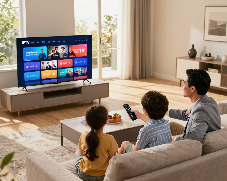 A modern living room setting with a sleek television displaying a vibrant streaming service interface. In the foreground, a family of four—parents in professional attire and children in casual clothing—are joyfully interacting with a smart remote control, engaged in selecting a show. The middle ground features a stylish sofa, along with tasteful decor that reflects contemporary American home aesthetics. The background showcases large windows with sunlight streaming in, creating a warm and inviting atmosphere. Soft ambient lighting enhances the scene, with shadows adding depth. The angle is slightly elevated, providing a clear view of the television and the family's expressions, emphasizing a sense of connection and excitement about the new IPTV service revolutionizing their viewing experience.