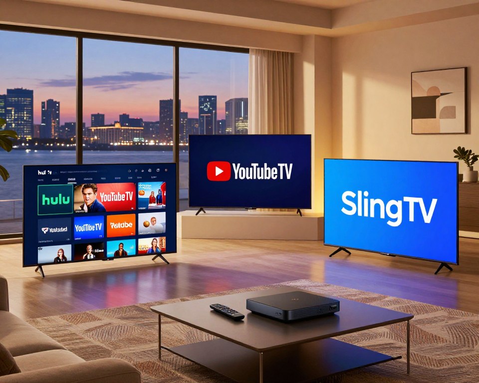 A modern living room showcasing several TVs displaying the logos of the top IPTV providers in the American market, such as Hulu, YouTube TV, and Sling TV, arranged prominently in the foreground. On one of the TVs, vibrant streaming playlists are visible, while a sleek remote and streaming device lie on a stylish coffee table in the middle. The background features a cozy, well-lit atmosphere with a large window showing a city skyline at dusk, accentuated by warm lighting. The mood is optimistic and inviting, reflecting a futuristic approach to home entertainment. The scene is captured from a slightly elevated angle to emphasize the TVs and the inviting space. A modern living room showcasing several TVs displaying the logos of the top IPTV providers in the American market, such as Hulu, YouTube TV, and Sling TV, arranged prominently in the foreground. On one of the TVs, vibrant streaming playlists are visible, while a sleek remote and streaming device lie on a stylish coffee table in the middle. The background features a cozy, well-lit atmosphere with a large window showing a city skyline at dusk, accentuated by warm lighting. The mood is optimistic and inviting, reflecting a futuristic approach to home entertainment. The scene is captured from a slightly elevated angle to emphasize the TVs and the inviting space.