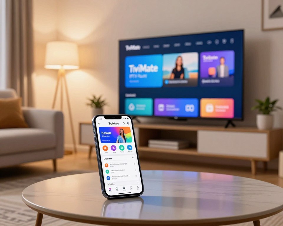 A sleek, modern living room setting focused on a large flat-screen TV displaying the TiviMate IPTV Player interface. In the foreground, a smartphone is placed on a stylish coffee table, showcasing the TiviMate app configuration menu with vibrant colors and intuitive icons. The middle ground features a comfortable sofa with plush cushions, creating an inviting atmosphere. Warm, soft lighting from a floor lamp adds a cozy glow to the scene, enhancing the relaxed vibe. In the background, subtle decorations like potted plants and minimalist art pieces contribute to a contemporary look. The overall mood is engaging and informative, reflecting a professional yet approachable environment for mastering IPTV streaming.