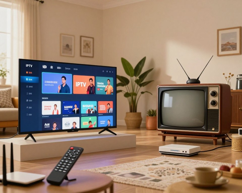 A split-screen image comparing IPTV technology and traditional television. On the left, a modern IPTV setup featuring a sleek smart TV displaying streaming apps, with a high-tech remote control and high-speed internet router visible in the foreground. The background shows a cozy living room with soft lighting, comfortable furniture, and decorative plants for a relaxed ambiance. On the right, a traditional living room with a classic television set connected to a cable box, surrounded by vintage decor. The lighting in this section is slightly dimmer, emphasizing a sense of nostalgia. The overall atmosphere contrasts modern technology's convenience with the charm of traditional TV, showcasing both sides distinctly. The image should be bright and inviting, using a wide-angle perspective to capture both setups harmoniously.