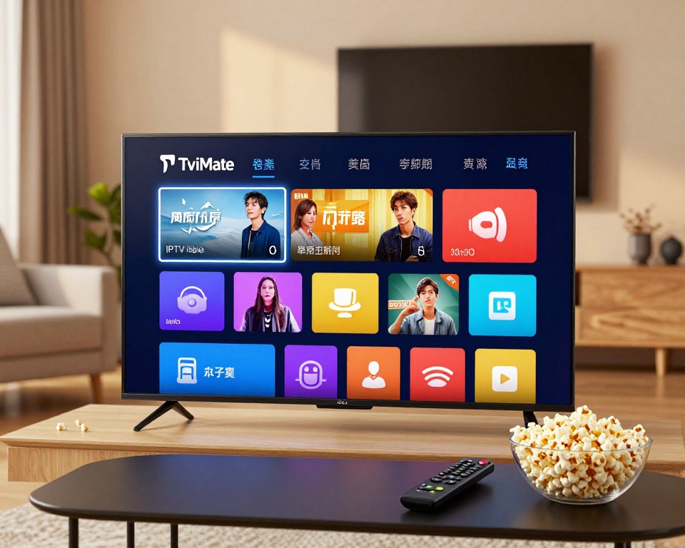 A vibrant digital rendering of the TiviMate IPTV Player interface displayed on a modern smart TV. In the foreground, the sleek user interface showcases a grid of colorful channel icons, with a highlight around a selected channel. The middle layer features a cozy living room setting, complete with comfortable furniture, soft lighting, and a stylish coffee table adorned with a remote control and a bowl of popcorn. In the background, a wall-mounted television captures the scene, reflecting a warm ambiance through gentle backlighting. The mood is inviting and relaxing, perfect for a casual viewing experience. The perspective is from slightly below eye level, emphasizing the detail of the TiviMate interface while providing a sense of immersion in the home environment.