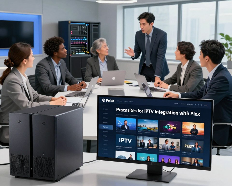 A visually appealing and informative image illustrating the "Prerequisites for IPTV Integration with Plex". In the foreground, display a sleek modern media server setup featuring a Plex interface on a large screen, showcasing IPTV channels. In the middle, include a diverse group of professionals in business attire, discussing integration strategies around a conference table, surrounded by laptops and notepads. The background features a high-tech studio environment with sophisticated lighting highlighting the server equipment, creating a bright and engaging atmosphere. Use a wide-angle lens effect to capture the collaborative spirit and excitement of setting up IPTV. Overall, convey a mood of professionalism and innovation in digital media integration.