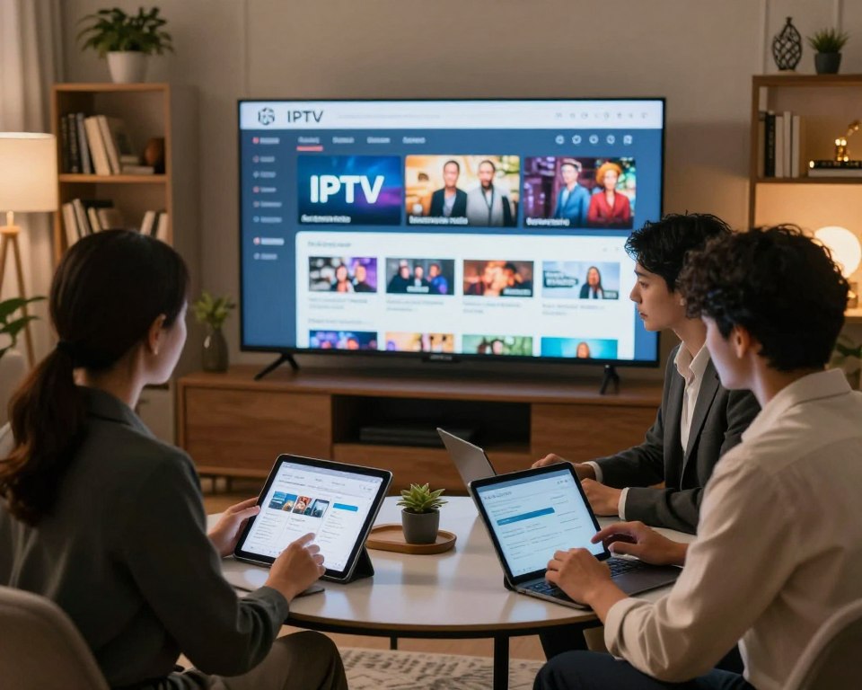 A visually engaging scene depicting the IPTV subscription process. In the foreground, a diverse group of three individuals sits around a modern coffee table, each using a tablet or laptop. The individuals, dressed in professional business attire, appear focused and engaged, discussing the subscription steps with attentive expressions. In the middle ground, a large screen displays a user-friendly IPTV interface showcasing channel options and subscription plans, illuminated by soft, ambient lighting. The background features a cozy home environment with shelves filled with books, plants, and subtle decor, creating a warm and inviting atmosphere. The overall mood conveys ease and accessibility, emphasizing the simplicity of subscribing to IPTV. The scene is framed from a slightly elevated angle, enhancing depth and clarity. A visually engaging scene depicting the IPTV subscription process. In the foreground, a diverse group of three individuals sits around a modern coffee table, each using a tablet or laptop. The individuals, dressed in professional business attire, appear focused and engaged, discussing the subscription steps with attentive expressions. In the middle ground, a large screen displays a user-friendly IPTV interface showcasing channel options and subscription plans, illuminated by soft, ambient lighting. The background features a cozy home environment with shelves filled with books, plants, and subtle decor, creating a warm and inviting atmosphere. The overall mood conveys ease and accessibility, emphasizing the simplicity of subscribing to IPTV. The scene is framed from a slightly elevated angle, enhancing depth and clarity.