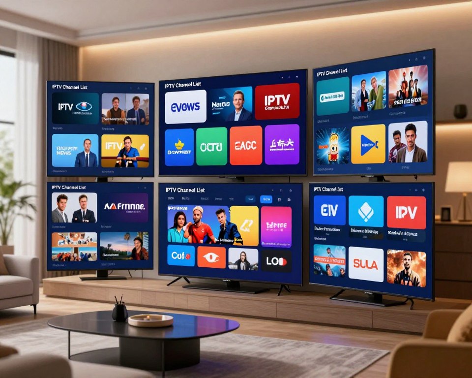 A visually striking representation of an "IPTV Channel List" displayed on multiple standard screens arranged in an elegant manner. In the foreground, the screens showcase vibrant, colorful channel logos representing various genres like news, entertainment, sports, and documentaries. The middle layer features a modern living room setting with a sleek sofa and a stylish coffee table, suggesting a welcoming space for viewers. The background includes a soft-focus view of a cozy room with warm lighting that creates an inviting atmosphere, reflecting comfort and modern living. Use a slightly angled perspective to emphasize the screens while ensuring a professional and polished look. The mood should be upbeat and technological, highlighting the affordability and accessibility of IPTV service packages.
