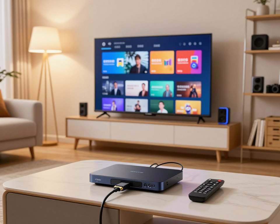 A well-organized living room setting centered around IPTV equipment. In the foreground, an IPTV set-top box with sleek design, HDMI cables, and a remote control placed nearby on a modern coffee table. In the middle, a smart TV displaying a vibrant digital interface with various IPTV channels and apps. The background features a cozy sofa and shelves with tech gadgets and books, enhancing the tech-savvy atmosphere. Soft, warm lighting from a floor lamp highlights the scene, creating an inviting mood. A wide-angle view showcases the entire room in high resolution, emphasizing the integration of IPTV technology into everyday life.