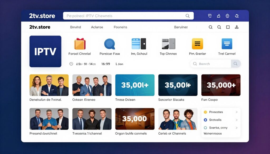 2tv.store IPTV service interface showing channel selection and content library