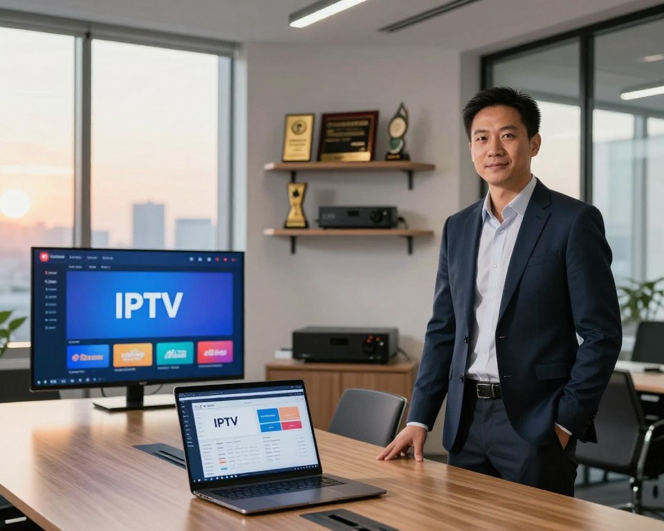 A confident IPTV supplier in a modern office setting, dressed in professional business attire, stands at a sleek conference table. The foreground includes a laptop displaying IPTV software, along with high-definition screens showcasing IPTV channels and logos. In the middle, a wall-mounted shelf holds professional awards and IPTV hardware components, symbolizing reliability and expertise. The background features large windows with cityscape views, allowing warm natural light to illuminate the scene. Soft focus on the sunset creates a warm atmosphere, emphasizing professionalism and credibility. Capture the mood of trust and dependability, with a balanced composition focusing on the supplier's assured demeanor and cutting-edge technology.