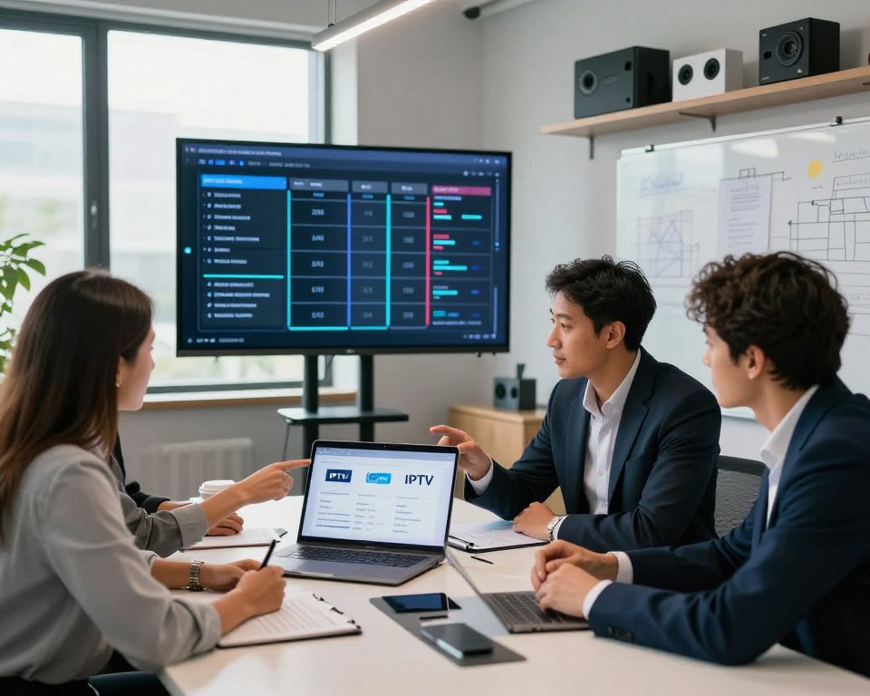 A modern office setting showing a diverse team of professionals gathered around a sleek conference table. In the foreground, two individuals, a woman and a man, are intently discussing IPTV service options, pointing at a laptop screen displaying IPTV provider logos and features. The middle ground features a large digital screen showing a comparison chart, illuminated with soft LED lighting for a tech-savvy atmosphere. In the background, shelves lined with tech gadgets and a whiteboard filled with notes and diagrams create a vibrant, dynamic environment. The scene is well-lit with natural light streaming through large windows, contributing to a productive and focused mood. The professionals are dressed in smart business attire, reflecting a tone of seriousness and credibility.