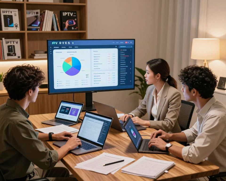 A modern, stylish home office setting featuring a diverse group of three professionals, focused and engaged in evaluating various IPTV services. In the foreground, a sleek wooden desk is cluttered with laptops, tablets, and notes. Each person is dressed in smart casual attire, suggesting a comfortable yet professional atmosphere. In the middle ground, a large screen displays colorful charts and comparisons of IPTV packages, showcasing content variety and pricing. The background features a warm, well-lit room with a bookshelf filled with technology magazines and soft ambient lighting, creating an inviting and productive mood. The image is captured from a slightly elevated angle to provide depth, emphasizing the collaborative nature of the evaluation process.