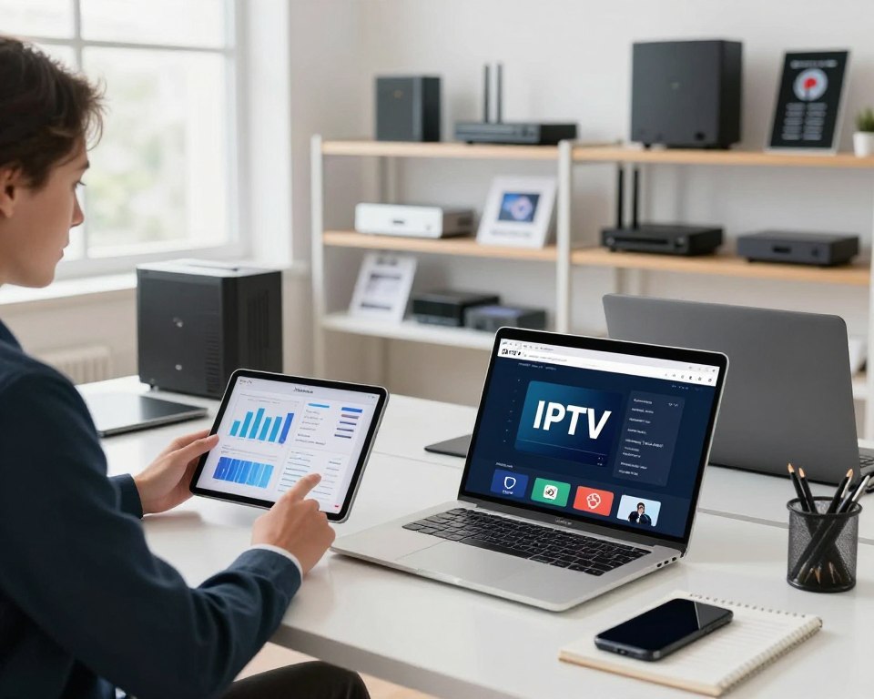 A modern, well-organized workspace designed for launching an IPTV store. In the foreground, a stylish desk with a laptop displaying IPTV software, a smartphone, and notepad filled with ideas. To the left, a professional in business attire is analyzing charts on a tablet, embodying focus and determination. In the middle ground, shelves lined with IPTV devices, modems, and promotional materials, creating an atmosphere of innovation. In the background, a large window allows natural light to flood the room, enhancing a bright and optimistic mood. The setup conveys professionalism and readiness for business, with a clean, minimalist design, emphasizing technology and a forward-thinking approach. The image should have a slight depth of field, drawing attention to the foreground while softly blurring the background elements.