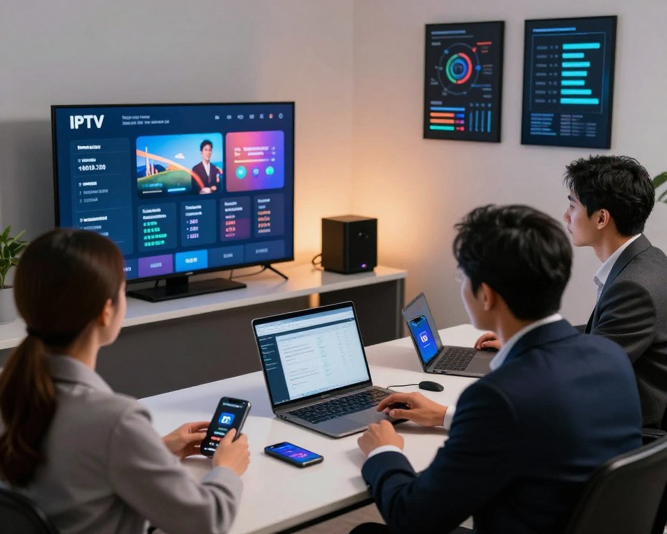 A professional setting showcasing a modern office environment where IPTV service representatives are engaged in a discussion. In the foreground, two professionals in business attire are examining a large digital screen displaying IPTV services and metrics like reliability and customer satisfaction ratings. In the middle ground, a sleek desk with laptops, smartphones, and IPTV devices is viewed, while technical charts and graphs adorn the background wall with soft, ambient lighting to create an inviting atmosphere. The angle is slightly elevated, offering a clear view of the engaged professionals and the tech-focused workspace. The mood is analytical yet approachable, emphasizing trust and expertise in the IPTV industry.