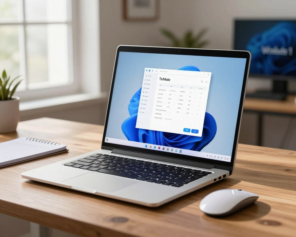 A sleek, modern workspace featuring a Windows 11 desktop environment, prominently displaying the TiviMate application interface on the screen. In the foreground, a stylish laptop with a high-resolution display sits on a polished wooden desk, surrounded by essential tech gadgets like a wireless mouse and a notepad. The middle ground shows a window with soft, natural light pouring in, casting gentle shadows that enhance the cozy atmosphere. In the background, there are elements of Microsoft’s design aesthetic, including Windows 11 branding graphics subtly integrated into the decor. The overall mood is professional yet inviting, encouraging productivity and focus, with a color palette of soft blues and whites, reminiscent of a calm technology-driven workspace.