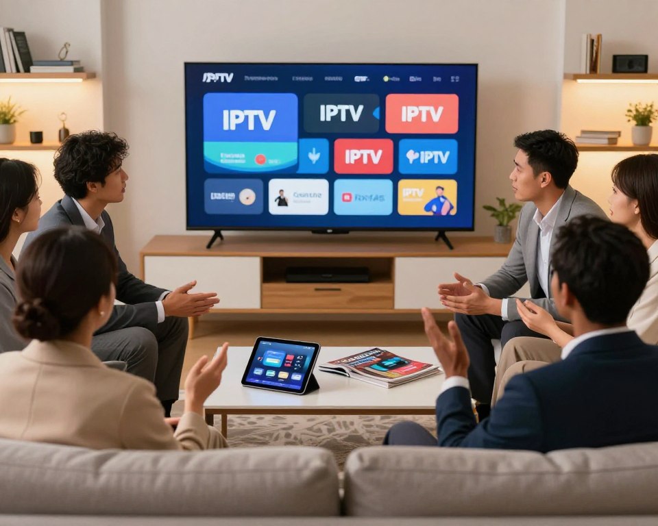 A visual representation of the concept of IPTV providers, showcasing a modern living room setting with a sleek television displaying various streaming icons. In the foreground, a group of diverse individuals—two men and two women—are seated comfortably on a stylish couch, engaged in discussion about IPTV options, dressed in professional attire. The middle layer features a coffee table with a tablet and magazines about technology and streaming services, emphasizing a casual yet informative atmosphere. The background is softly illuminated with warm lighting, featuring shelves with books and decorative items related to technology. The mood is inviting and focused, perfect for understanding IPTV and evaluating service providers.