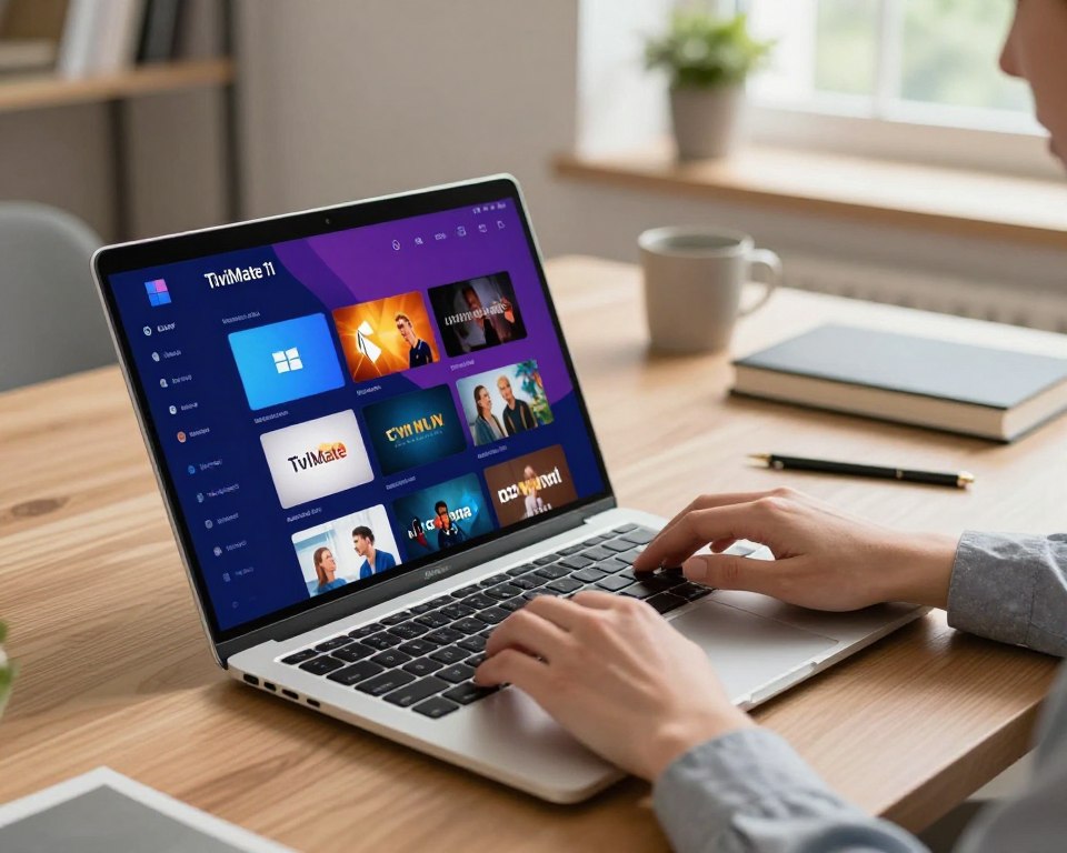 A visually striking digital artwork showcasing the TiviMate interface on a sleek Windows 11 laptop. In the foreground, the laptop screen displays the TiviMate app open with a vibrant, user-friendly layout featuring various streaming options. The middle ground features a pair of hands, casually yet professionally dressed in modest business attire, interacting with the laptop, emphasizing user engagement. The background depicts a modern workspace with soft-focus elements like a stylish desk, plants, and natural light pouring in through a window, creating a warm and inviting atmosphere. The image is illuminated with a balanced soft light to enhance the vibrancy of the TiviMate interface, all framed from a slightly top-down angle to capture the essence of compatibility with Windows 11. The overall mood is productive and tech-savvy.