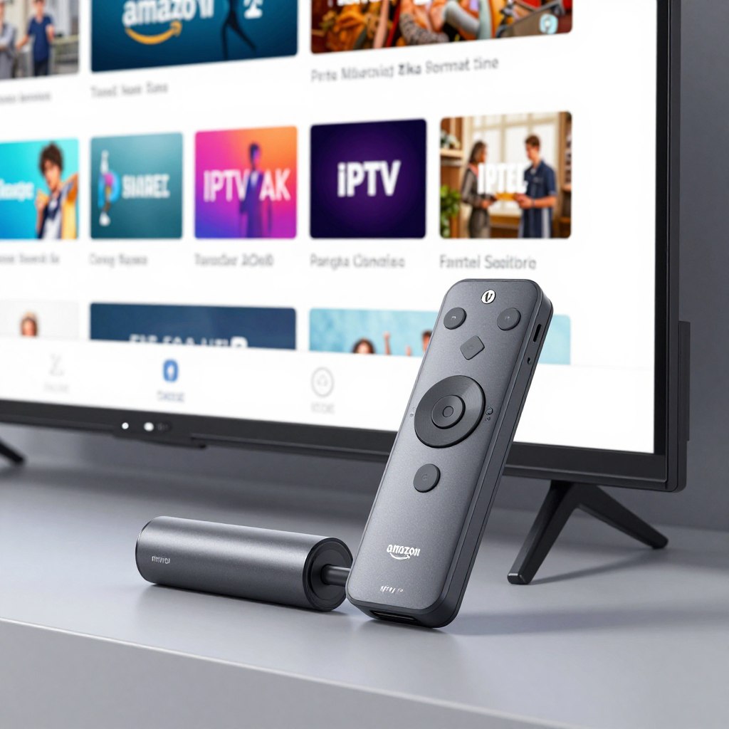 Amazon Fire TV Stick displaying IPTV app interface with channel categories