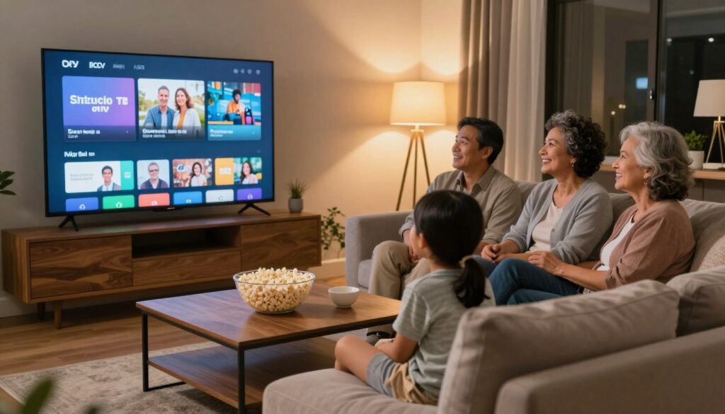 American family enjoying IPTV service together watching television in modern living room