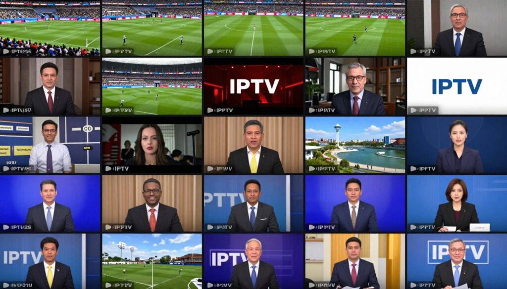 Collage showing different IPTV channel categories including sports, movies, news, and entertainment