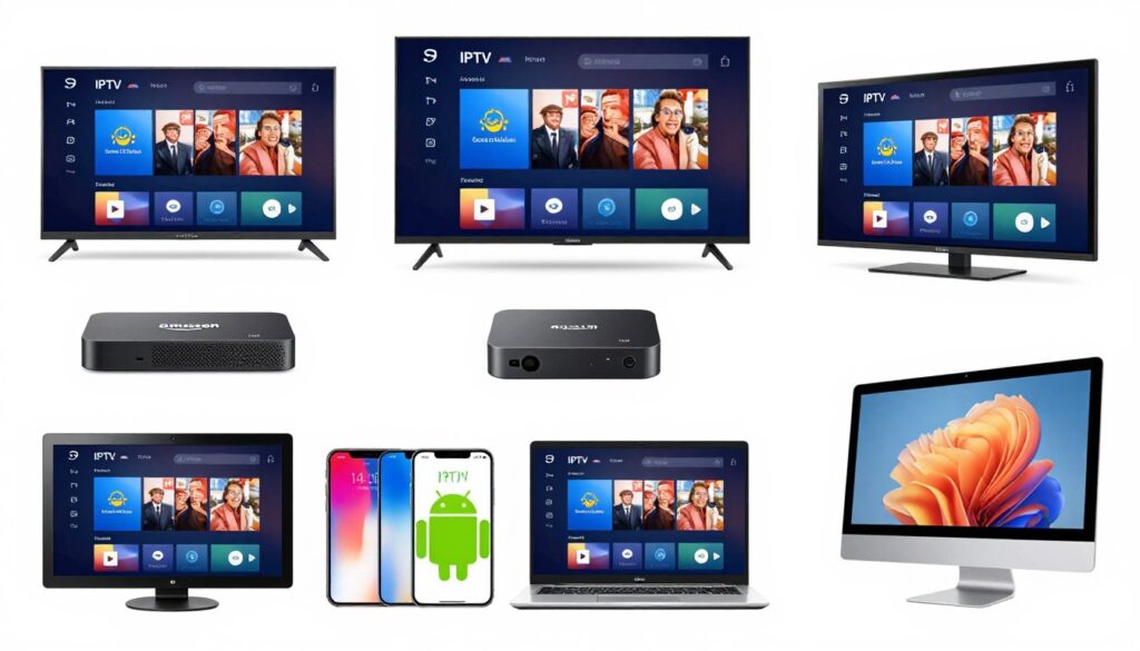 Collection of devices compatible with IPTV service including TVs, phones, tablets, and boxes