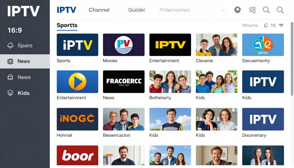 Comprehensive channel guide showing IPTV service content organization by category