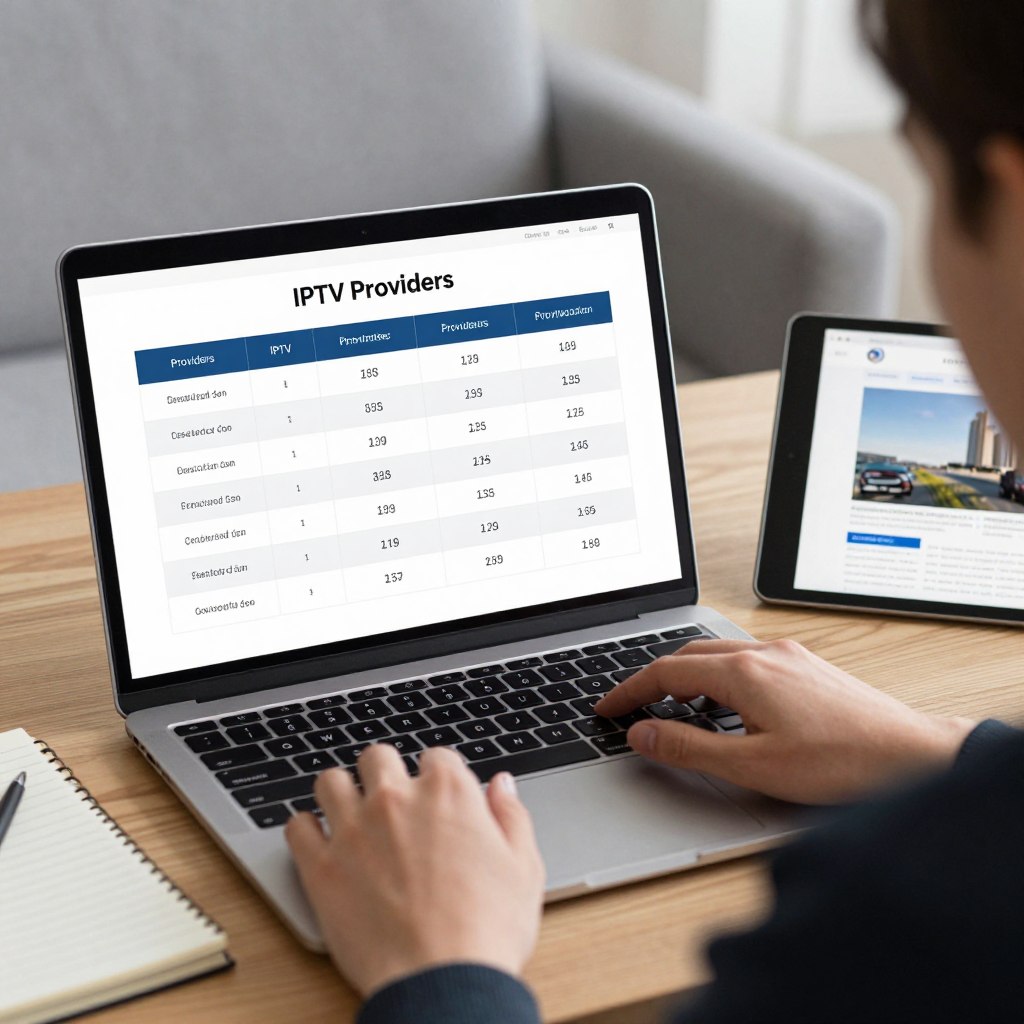 Customer reviewing IPTV service options on laptop and tablet