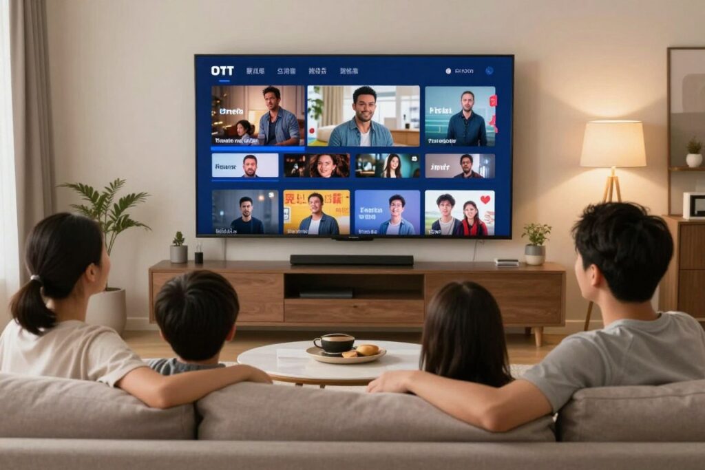 Family enjoying IPTV USA service on smart TV with multiple entertainment options