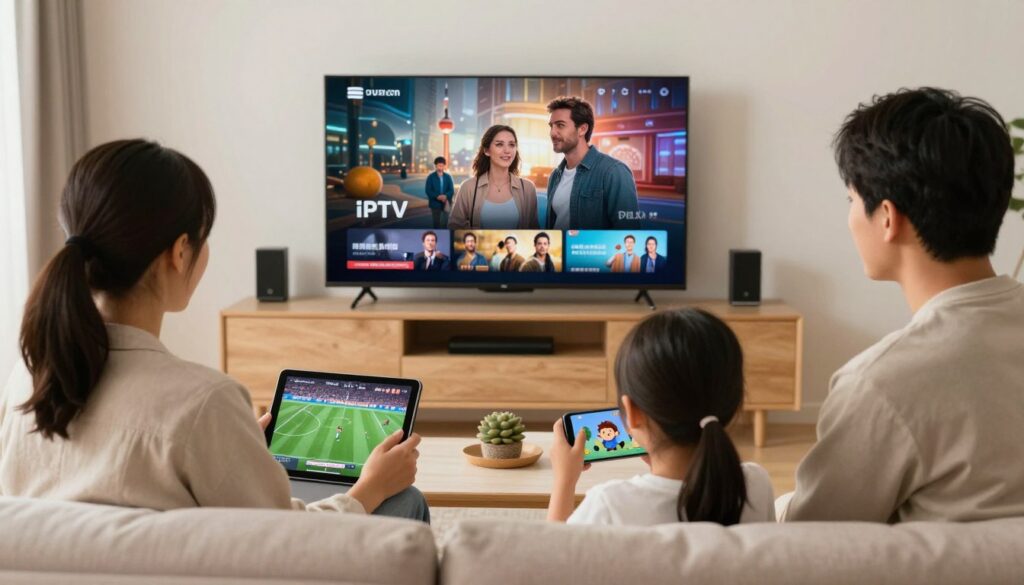 Family using IPTV service to watch different content on various devices simultaneously