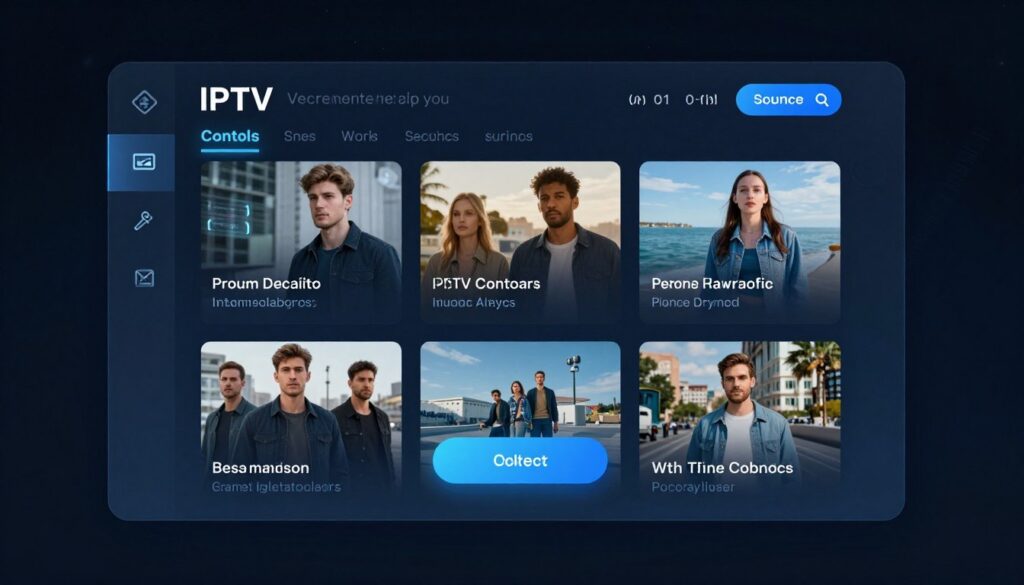 Futuristic IPTV service interface with AI recommendations and advanced features