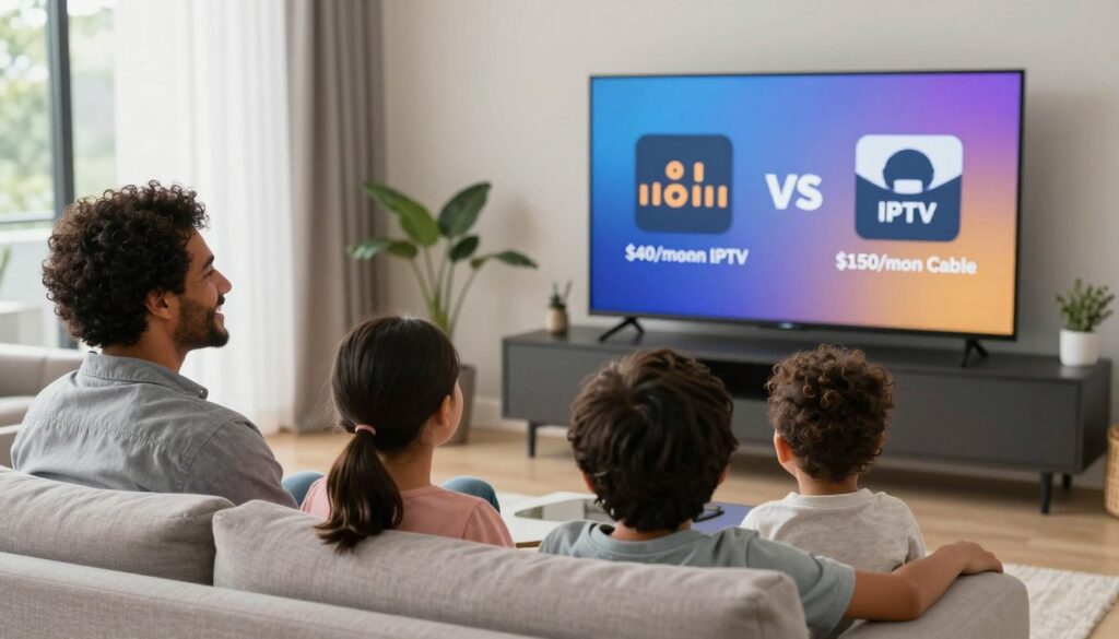 Happy American family watching IPTV on large screen TV showing significant cost savings compared to cable bills