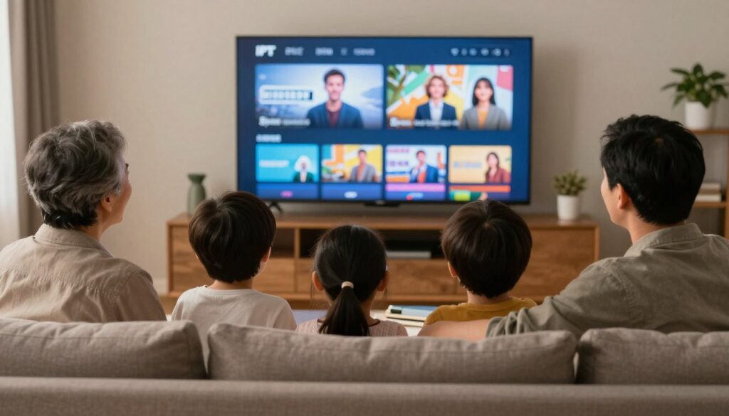 Happy family enjoying IPTV subscription on large screen TV