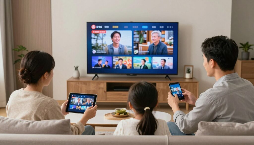 Happy family enjoying entertainment through IPTV service on multiple devices