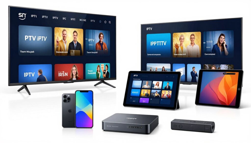IPTV USA compatible devices including smart TVs, phones, tablets, and streaming boxes
