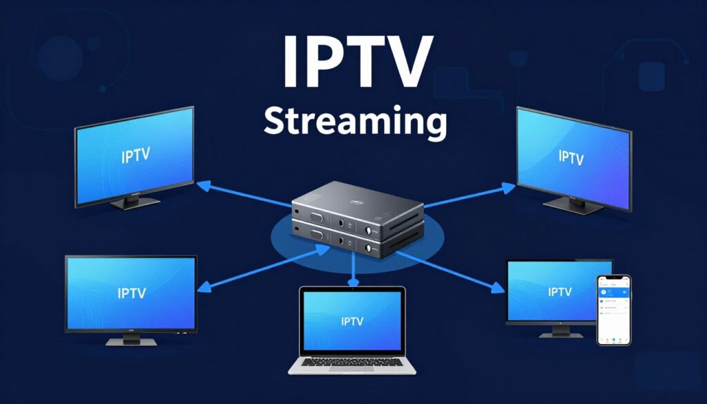 IPTV USA technology diagram showing internet connection streaming to multiple devices