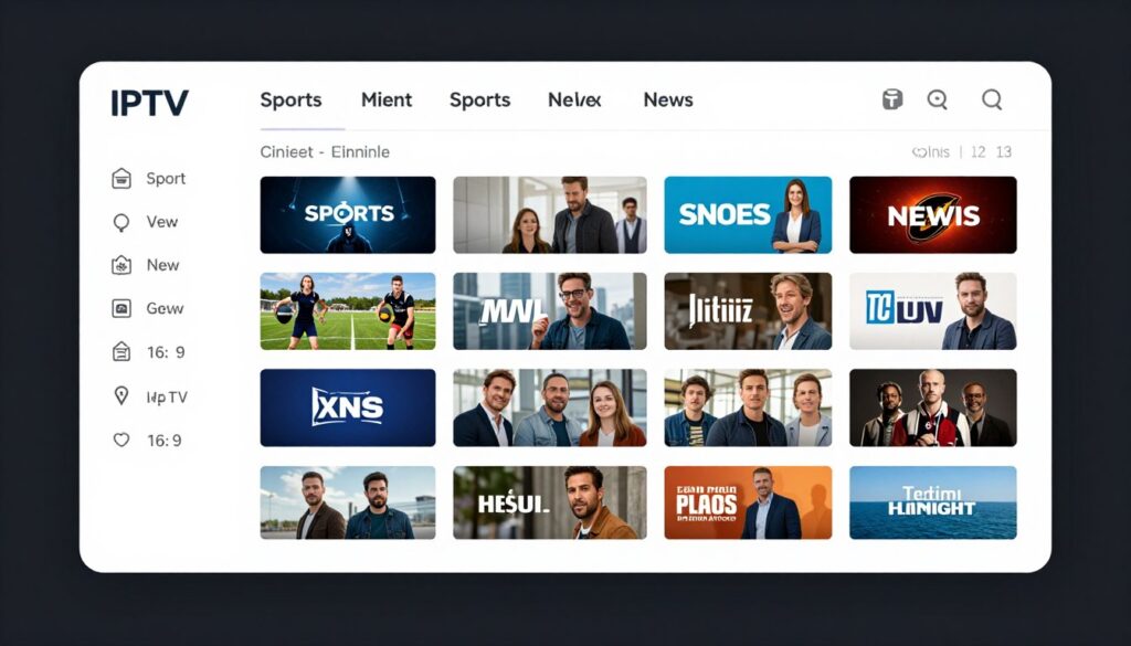 IPTV channel guide showing diverse content categories and live channels