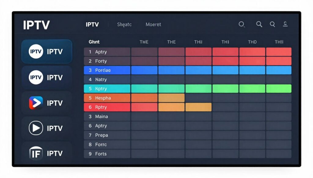 IPTV electronic program guide interface showing channel listings organized by categories with time schedules