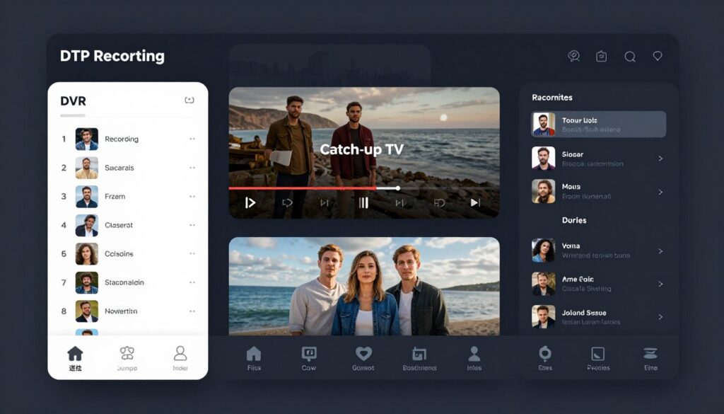 IPTV service interface showing advanced features like DVR, catch-up TV, and multi-view