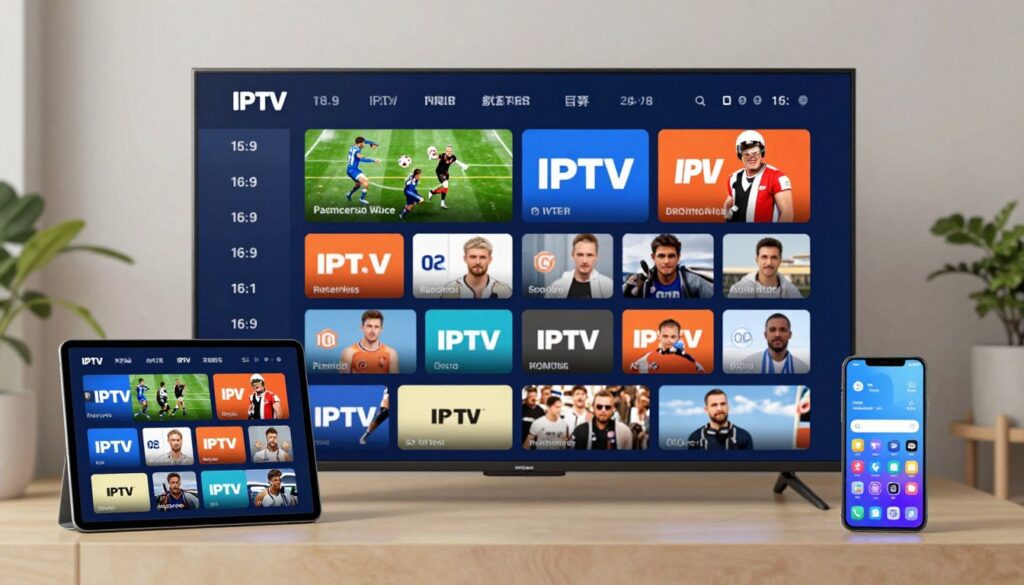 Modern IPTV service streaming on multiple devices showing live channels