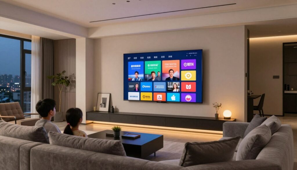 Modern living room with large TV displaying IPTV interface showing multiple channel options and streaming content in USA home
