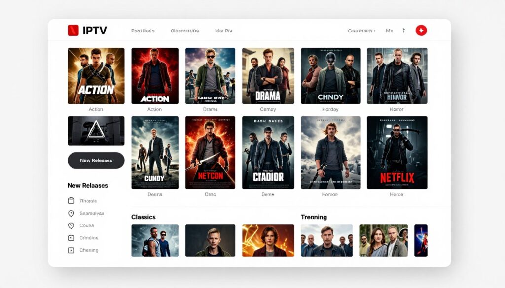 Movie library interface in IPTV service showing latest releases and classics