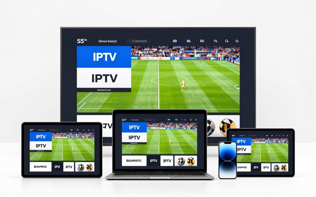 Multiple devices displaying same IPTV content simultaneously including smart TV, laptop, tablet and smartphone