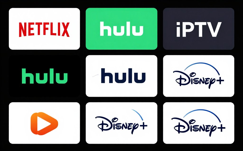 Multiple streaming service logos and apps on screen