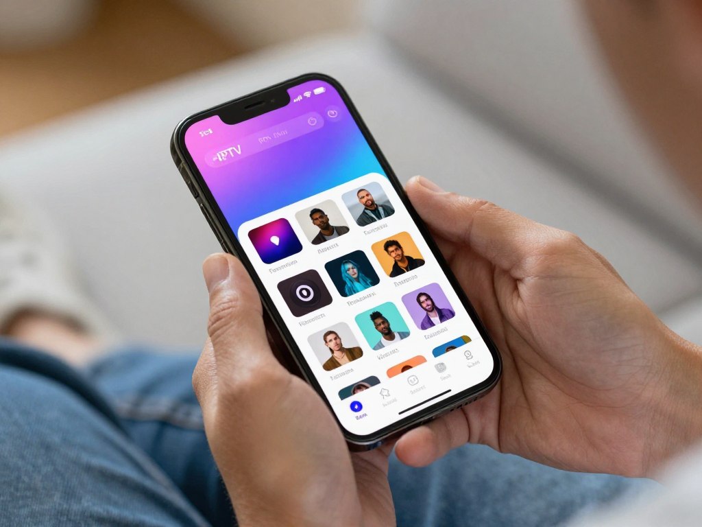 Person holding smartphone displaying IPTV mobile app with channel selection interface