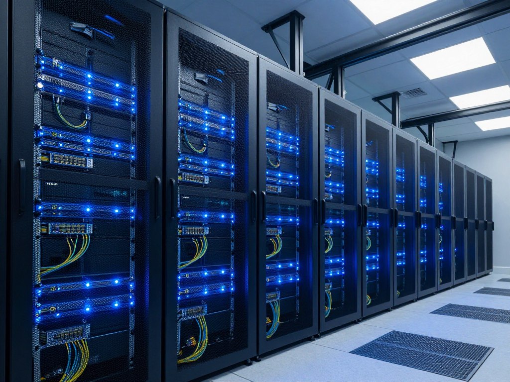 Professional server room showing IPTV infrastructure with network equipment and data centers