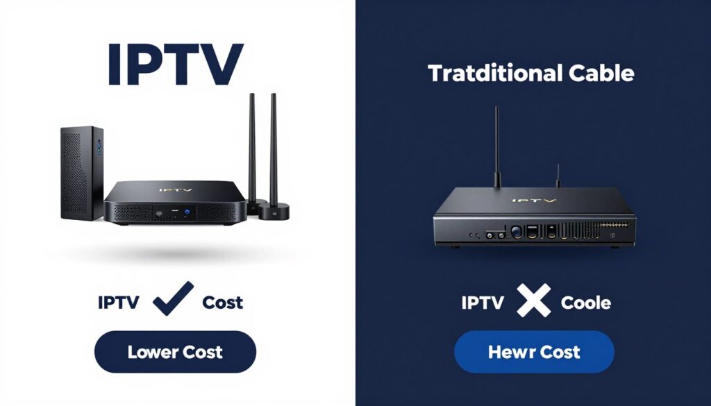 Side-by-side comparison of IPTV and cable TV showing cost differences and feature advantages