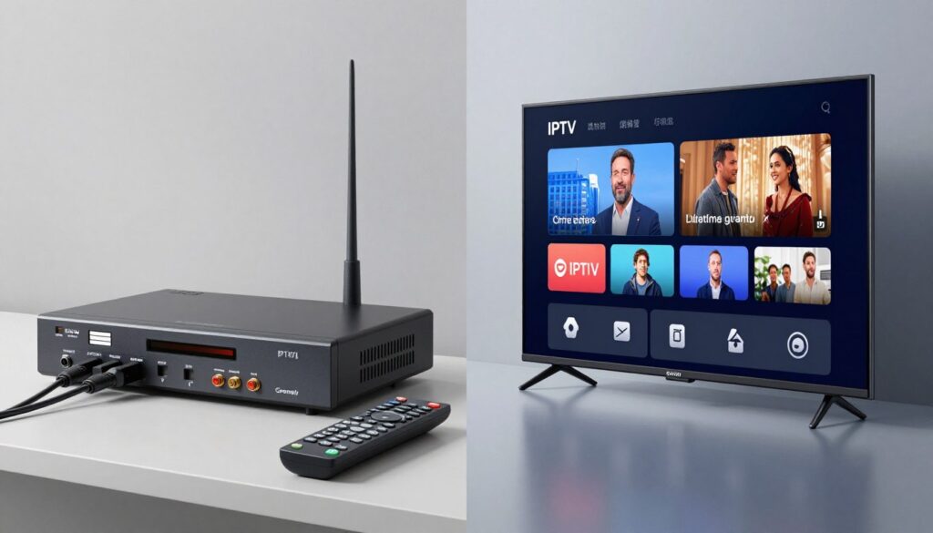 Side-by-side comparison of cable box versus IPTV service streaming on smart devices