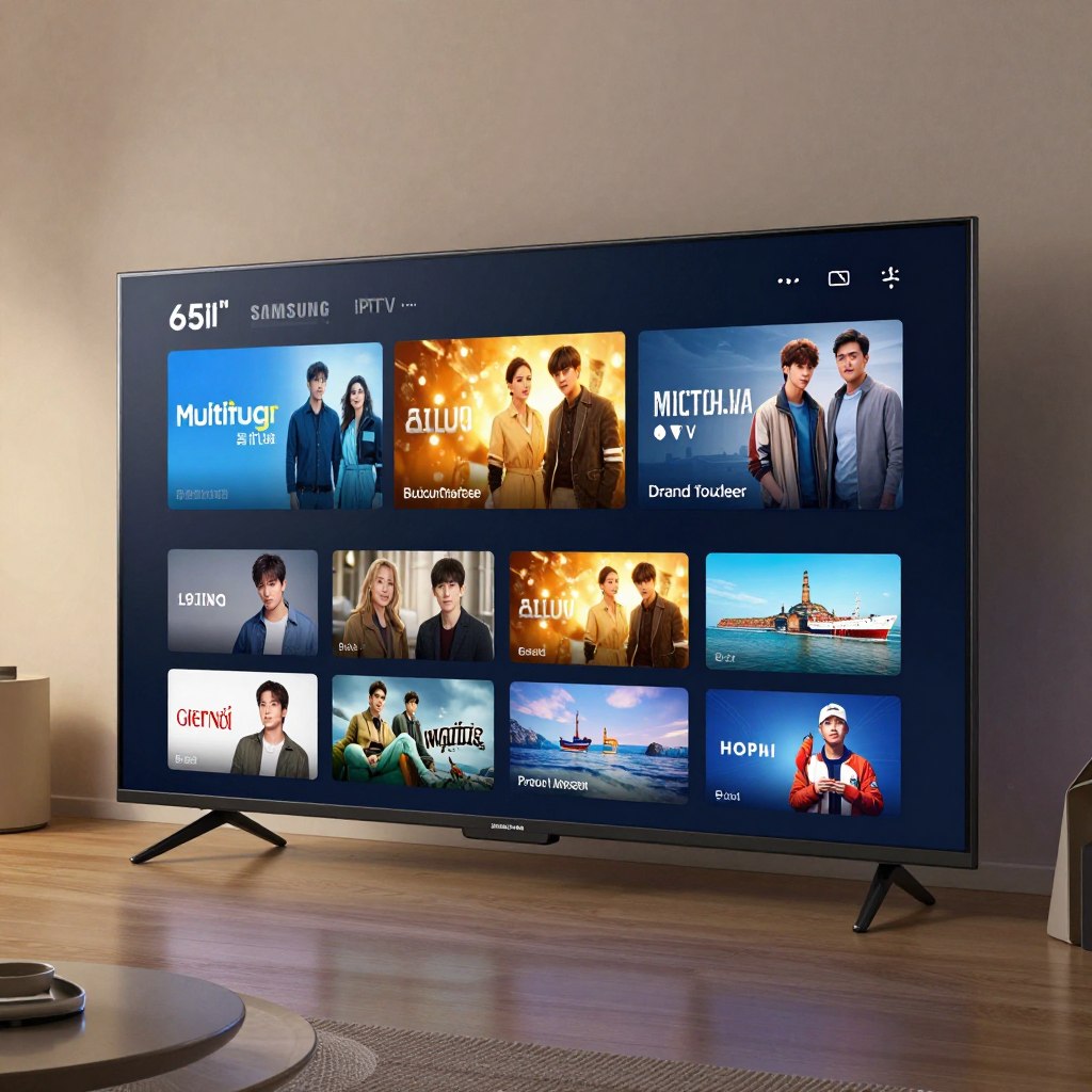 Smart TV displaying IPTV interface with featured movies and live channels