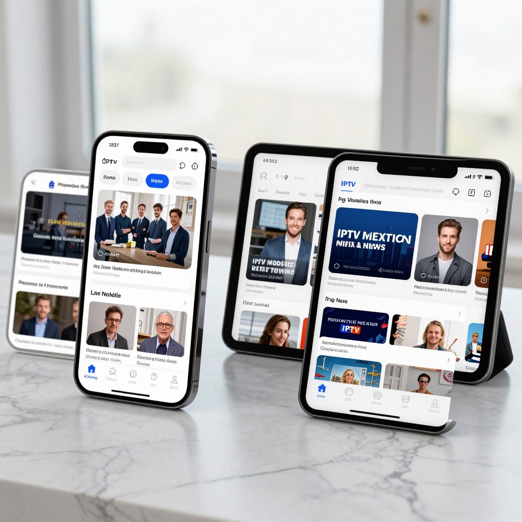 Smartphone and tablet showing IPTV mobile apps with live TV streaming