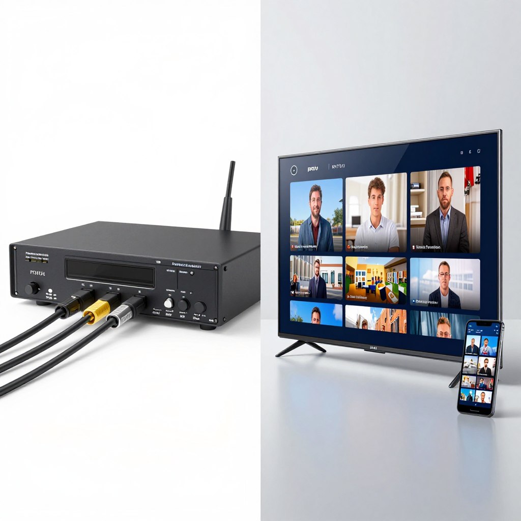 Split comparison showing traditional cable box setup versus modern IPTV streaming on multiple devices